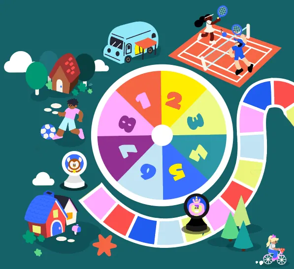 Illustration of a board game: a numbered spinner and a winding path of coloured squares among houses, trees and a tennis court