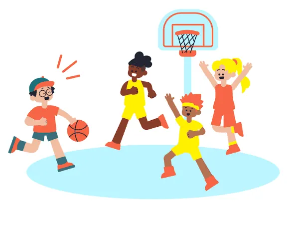 Illustration of four children playing basketball together under a hoop