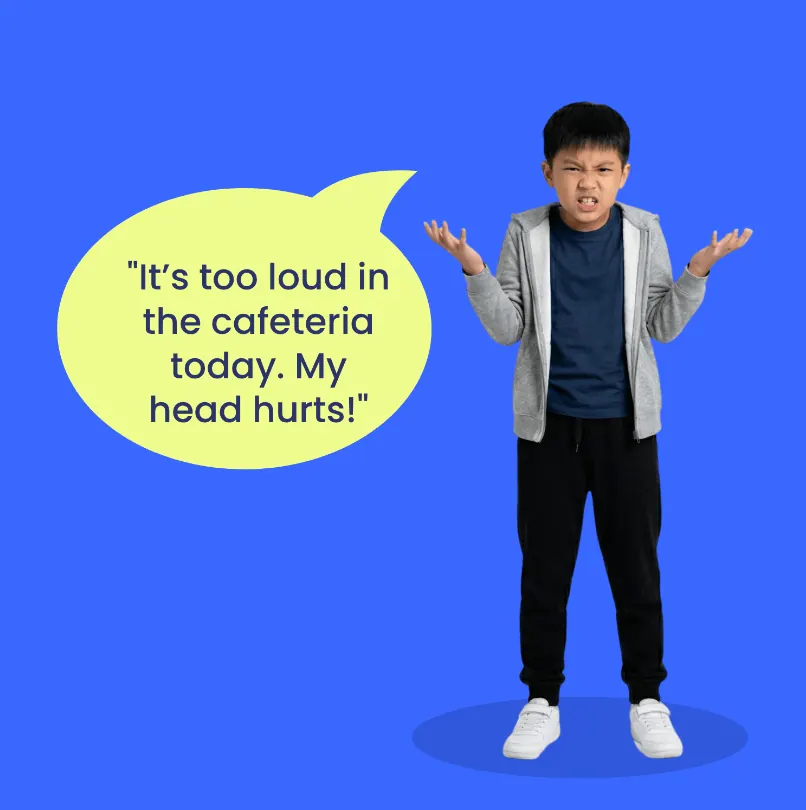 A worksheet scene: a boy shrugs with a frustrated face beside a speech bubble reading “It’s too loud in the cafeteria today. My head hurts!”