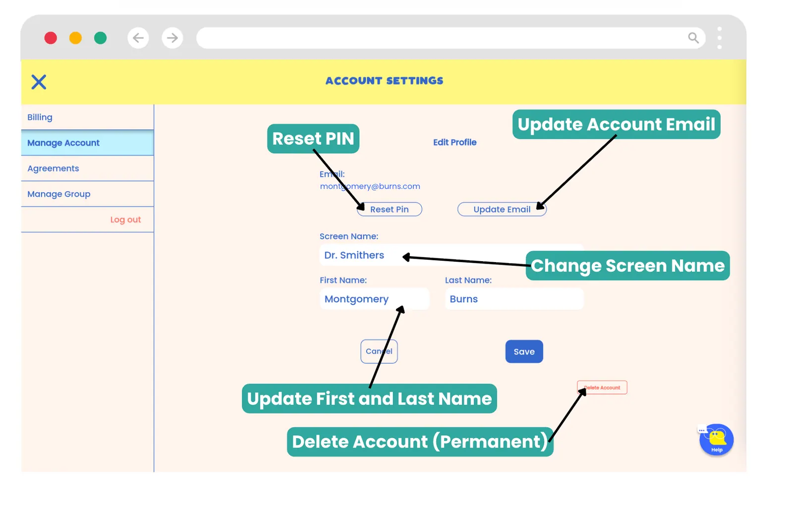The manage account section of account settings