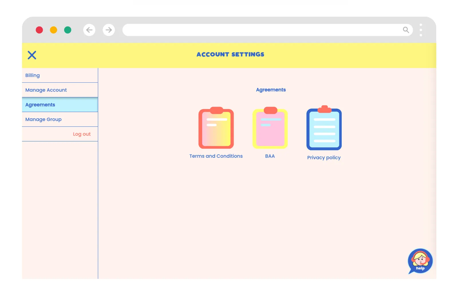 The agreements section of account settings