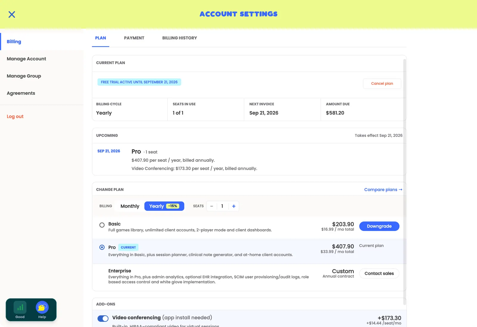 Account Settings, Billing, PLAN tab: the Current Plan card with billing cycle, seats in use, next invoice and amount due, the Upcoming section, the Change Plan section listing Basic, Pro and Enterprise with Downgrade, Current plan and Contact sales, and the Add-ons section with the Video conferencing toggle