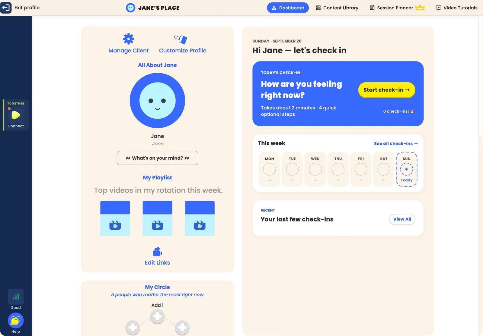 A client's profile in the Hopscotch Play app: the header bar with Exit profile, the client's name, and the Dashboard, Content Library, Session Planner (PRO) and Video Tutorials tabs; the Connect button in the left side menu bar; and the client dashboard with today's check-in