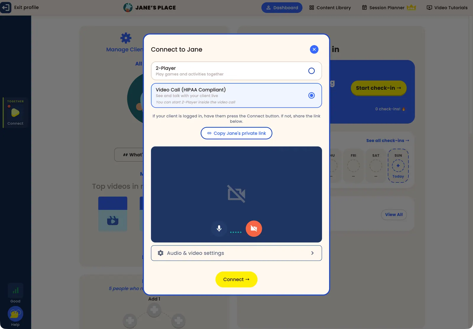 The Connect to client dialog with the 2-Player and Video Call (HIPAA Compliant) choices, the note that you can start 2-Player inside the video call, the Copy private link button, the camera and microphone preview, the Audio & video settings panel and the Connect button
