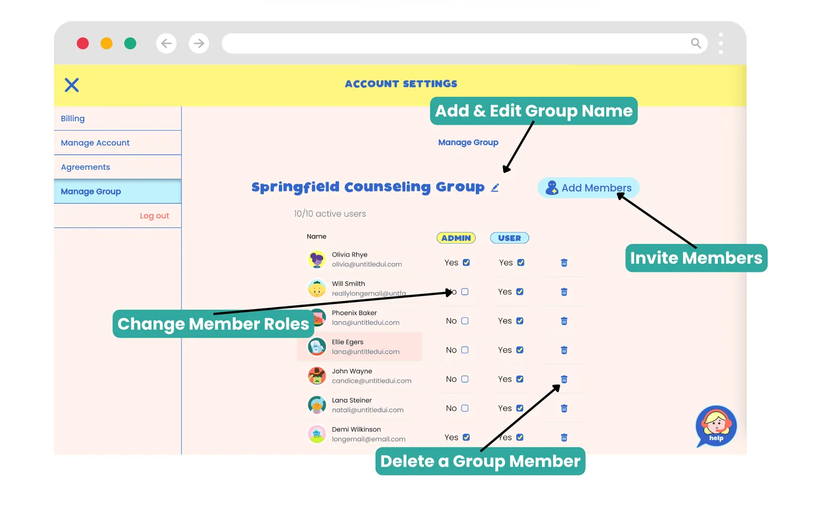 The manage group section of account settings