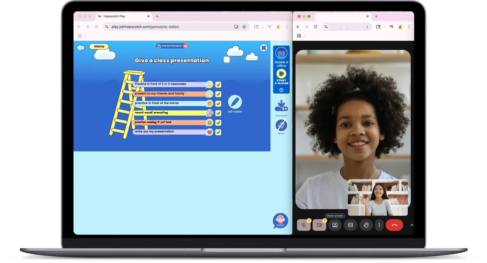 Using browser split-screen alongside Hopscotch Play