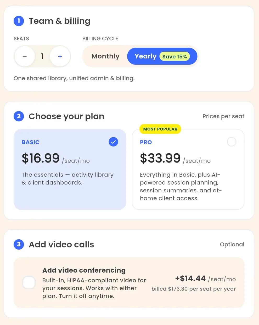 The signup billing screen with its three steps: Team & billing with the seat count and Monthly or Yearly toggle, Choose your plan with the Basic and Pro cards, and Add video calls with the optional video conferencing add-on