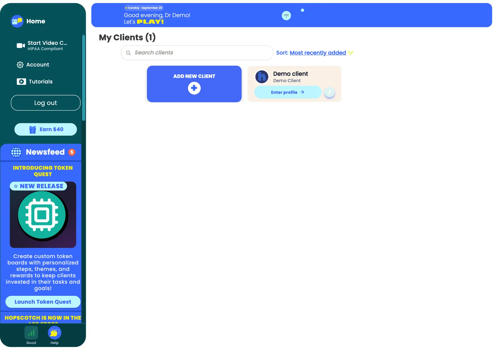 The Home page in the Hopscotch Play app: the left sidebar with Home, Start Video Call, Account, Tutorials, Log out and the Newsfeed, the My Clients list with Add New Client, and the Network and Help buttons in the bottom-left corner