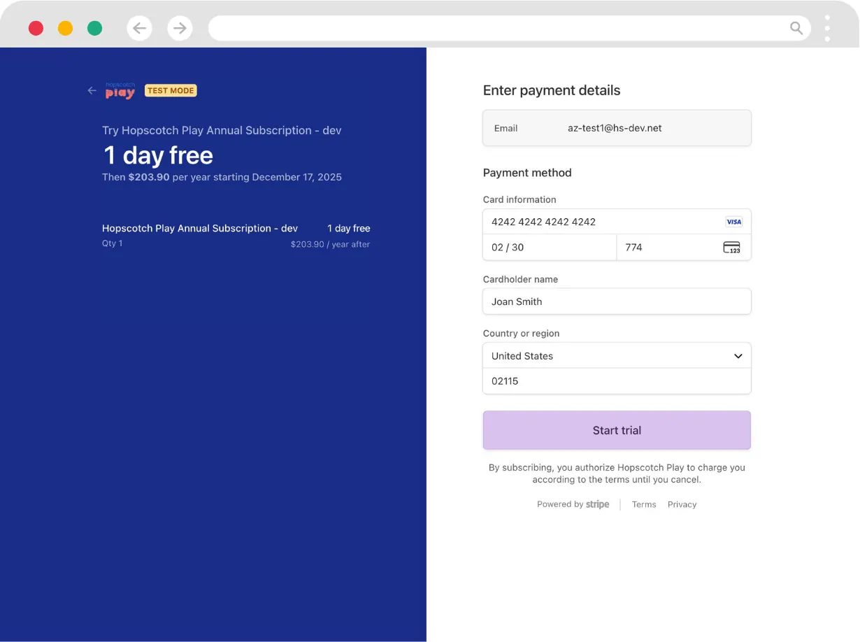 The Stripe payment screen