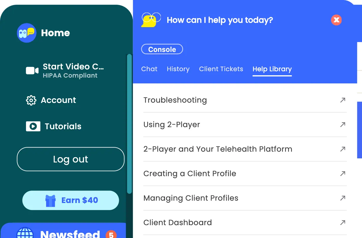 The support panel opened from the Help button: the header How can I help you today?, the Chat, History, Client Tickets and Help Library tabs, and the first entries of the Help Library list