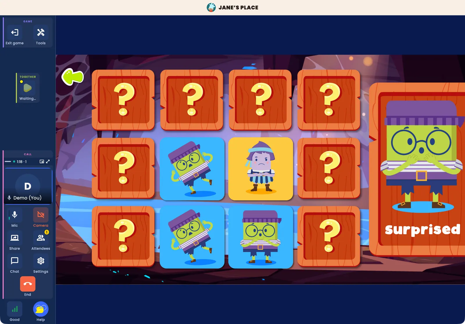 A 2-Player game running inside a video call in the Hopscotch Play app: the left side menu bar shows Exit game and Tools, the Connect cell reading Waiting, the call section with the timer, your own face card and the Mic, Camera, Share, Attendees, Chat, Settings and End controls, with the game filling the rest of the window