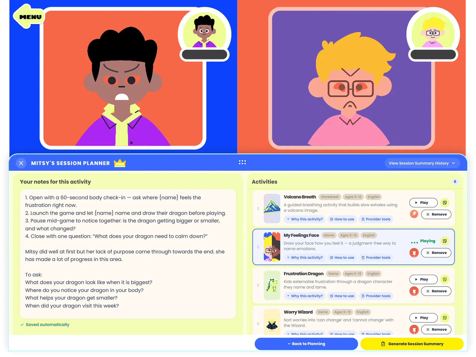 A generated session plan